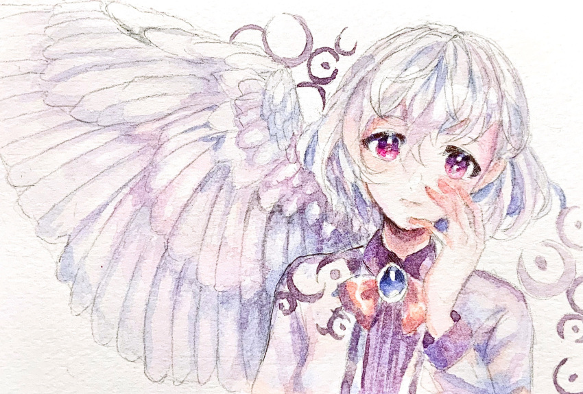 1girl :| bad_hands bow bowtie brooch closed_mouth hair_between_eyes hand_on_own_face hand_up highres jewelry kishin_sagume looking_at_viewer navybluesparrow open_clothes painting_(medium) red_bow red_bowtie short_hair single_wing solo touhou traditional_media upper_body violet_eyes watercolor_(medium) white_background white_hair white_wings wings