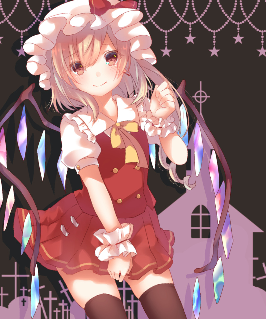 1girl adapted_costume bad_id bad_pixiv_id black_thighhighs blonde_hair brown_eyes cacao_(cacaomgmg) closed_mouth collared_shirt cowboy_shot flandre_scarlet frilled_shirt_collar frills hair_between_eyes hat head_tilt highres light_smile looking_at_viewer medium_hair mob_cap multicolored_wings pleated_skirt puffy_short_sleeves puffy_sleeves red_skirt red_vest shirt short_sleeves skirt solo thigh-highs touhou vest white_headwear white_shirt wings zettai_ryouiki