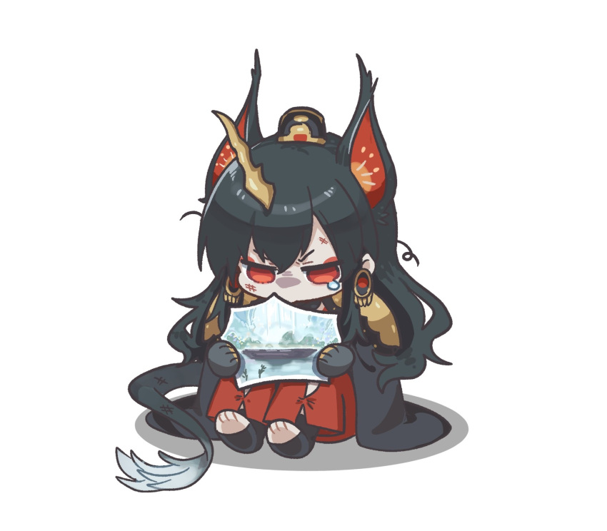 1girl animal_ears arknights black_cape black_gloves black_hair black_socks cape chibi commentary_request gloves hair_between_eyes highres holding horns long_hair mabing no_shoes pants red_eyes red_pants shadow simple_background sitting socks soles solo tail tears toeless_legwear very_long_hair white_background ya_(arknights)