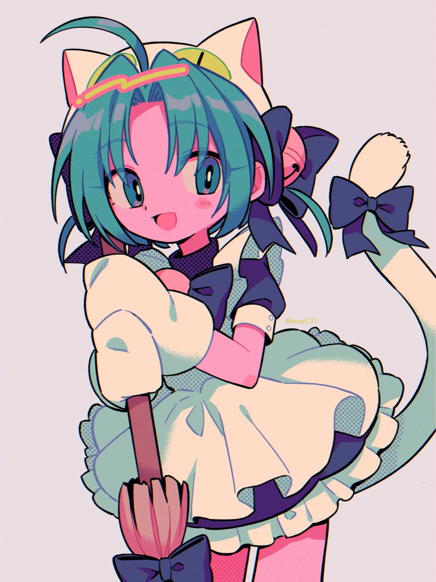 1girl :d ahoge animal_ears animal_hands animal_hat apron aqua_eyes aqua_hair artist_name bell blue_bow blue_dress blush_stickers bow bright_pupils broom cat_ears cat_hat cat_tail chromatic_aberration colored_skin commentary dejiko di_gi_charat dress eyes_visible_through_hair fake_animal_ears film_grain frilled_dress frills gloves green_hair grey_background hair_bell hair_bow hair_ornament halftone hat highres holding holding_broom jingle_bell looking_at_viewer maid_apron menma_(enaic31) open_mouth paw_gloves paw_shoes pink_skin puffy_short_sleeves puffy_sleeves short_hair short_sleeves sideways_glance simple_background smile solo standing tail tail_bow tail_ornament twitter_username white_apron white_mittens white_pupils