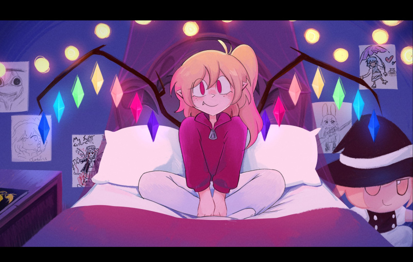 1girl alternate_costume bed bedroom blonde_hair closed_mouth commentary contemporary crystal drawing english_commentary english_text fang flandre_scarlet freckles fumo_(doll) highres indian_style indoors izayoi_sakuya kappce kirisame_marisa koishi_komeiji's_heart-throbbing_adventure komeiji_koishi long_sleeves one_side_up pants pillow pointy_ears red_eyes reisen_udongein_inaba sitting smile solo tatara_kogasa touhou white_pants wings zun_(style)