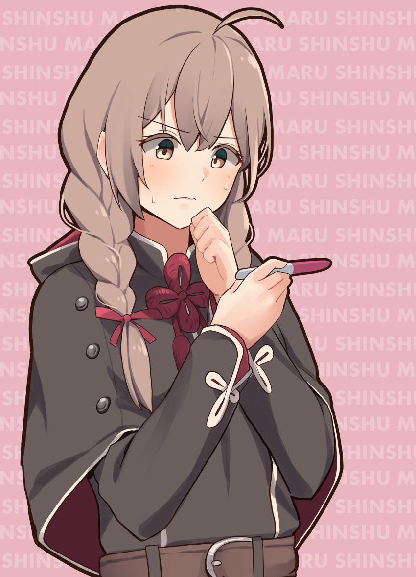 1girl absurdres ahoge befu belt black_capelet black_dress blush braid brown_belt brown_eyes brown_hair capelet closed_mouth commentary dress highres holding kantai_collection long_hair long_sleeves pink_background shinshuu_maru_(kancolle) solo symbol-only_commentary twin_braids upper_body