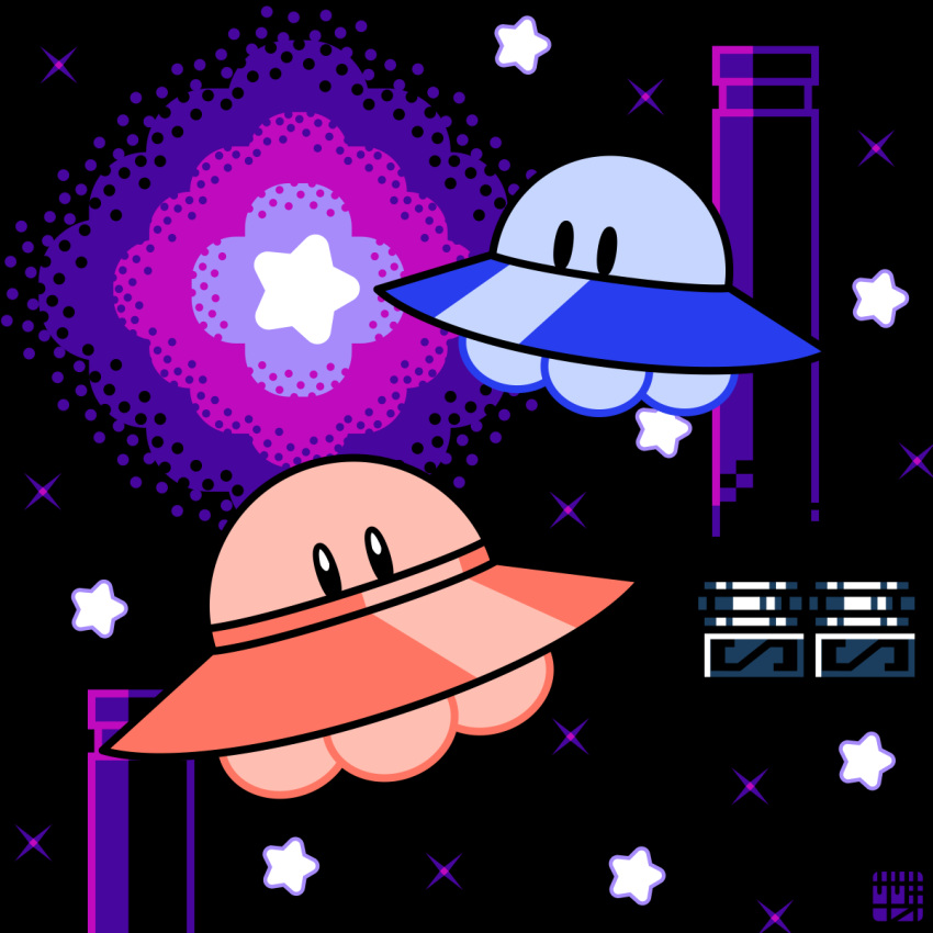 black_background black_eyes flying highres kirby kirby's_adventure kirby_(series) limited_palette no_humans pillar sasakinao solid_oval_eyes sparkle star_(symbol) ufo ufo_(kirby)