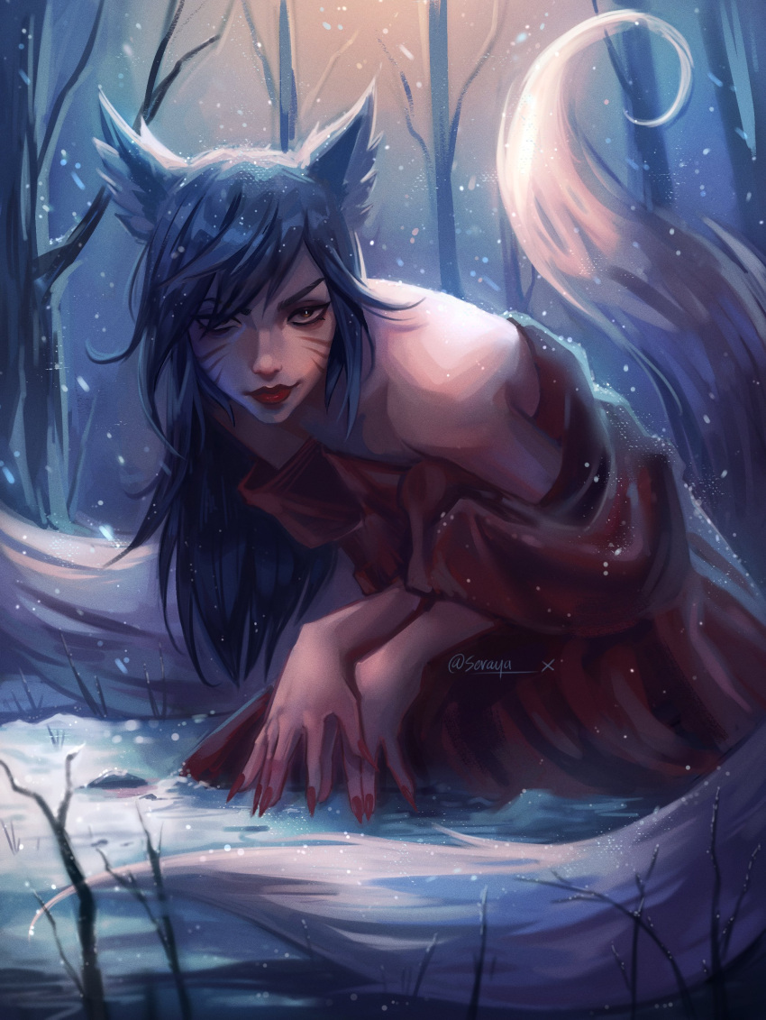 1girl absurdres ahri_(league_of_legends) animal_ears artist_name bare_shoulders black_hair facial_mark fingernails fox_ears fox_girl fox_tail highres league_of_legends long_hair looking_at_viewer nail_polish outdoors red_lips red_nails seraya_x sharp_fingernails shiny_skin smile snow snowing solo tail tree whisker_markings