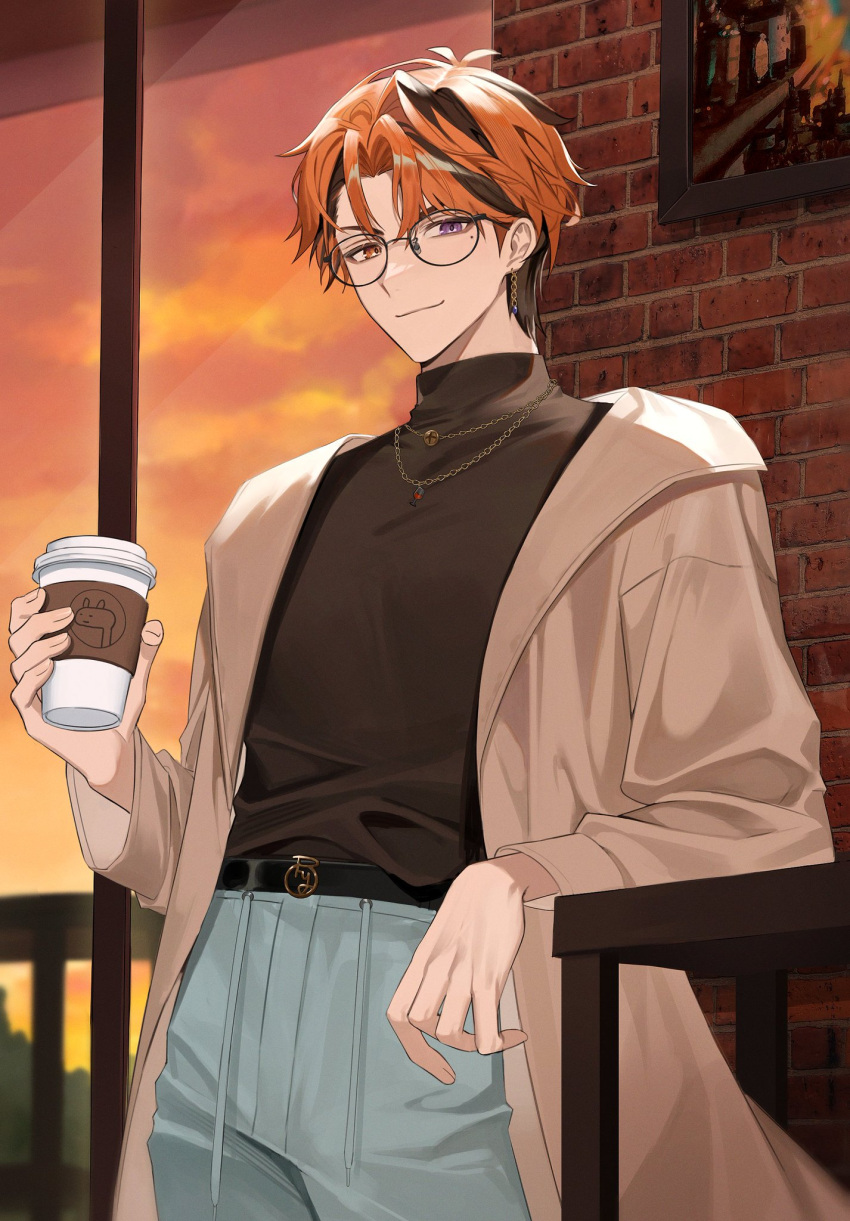 1boy antenna_hair aqua_pants arm_rest belt belt_buckle bespectacled black-framed_eyewear black_belt black_hair black_shirt brick_wall brown_coat buckle chain_earrings chain_necklace chap_yun closed_mouth coat cowboy_shot cup disposable_cup drawstring earrings glasses heterochromia highres holding holding_cup holostars indoors jewelry looking_at_viewer male_focus mole mole_under_eye multicolored_hair necklace official_alternate_costume open_clothes open_coat orange_eyes orange_hair pants parted_bangs second-party_source shirt short_hair smile solo standing streaked_hair sunset table turtleneck violet_eyes virtual_youtuber window yukoku_roberu