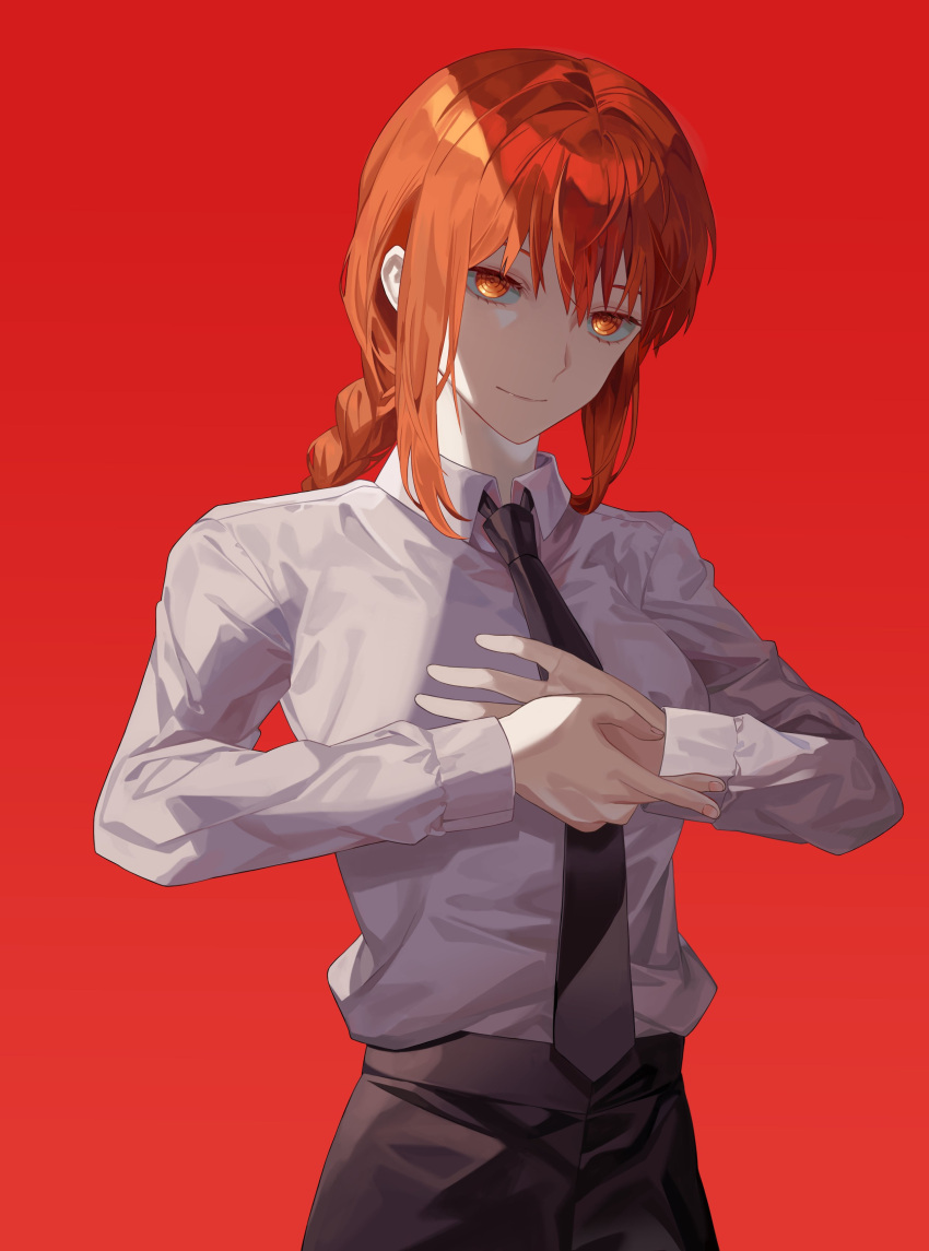 1girl absurdres black_necktie black_pants braid breasts chainsaw_man closed_mouth collared_shirt fingernails hair_between_eyes hand_gesture hands_up highres long_hair long_sleeves looking_at_viewer makima_(chainsaw_man) medium_breasts nail_polish necktie orange_eyes pants pink_nails puffy_long_sleeves puffy_sleeves red_background redhead reki_(user_rcrd4534) ringed_eyes shirt sidelocks simple_background smile solo standing white_shirt