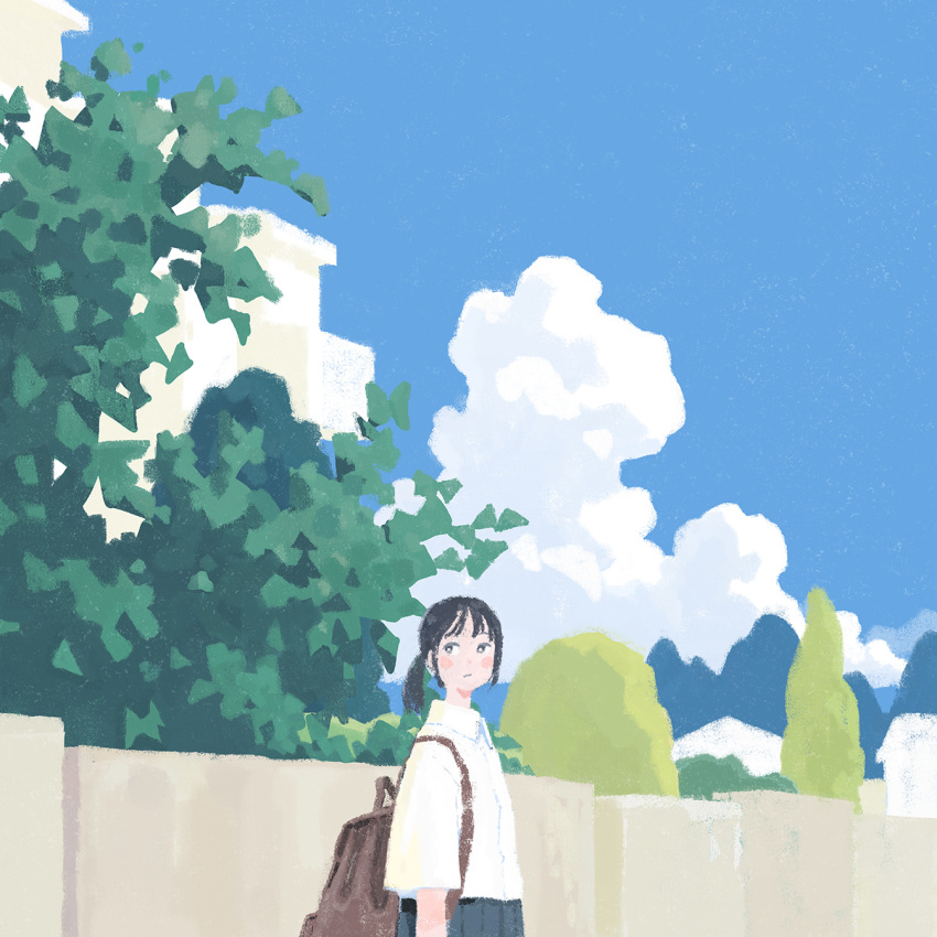 1girl :/ backpack bag black_hair black_skirt blue_sky blush_stickers closed_mouth clouds cloudy_sky collared_shirt cowboy_shot day expressionless from_side hayashi_naoyuki highres landscape long_bangs long_hair looking_to_the_side nature original outdoors pleated_skirt scenery school_uniform shirt short_ponytail sidelocks skirt sky solo tree wall white_shirt wispy_bangs