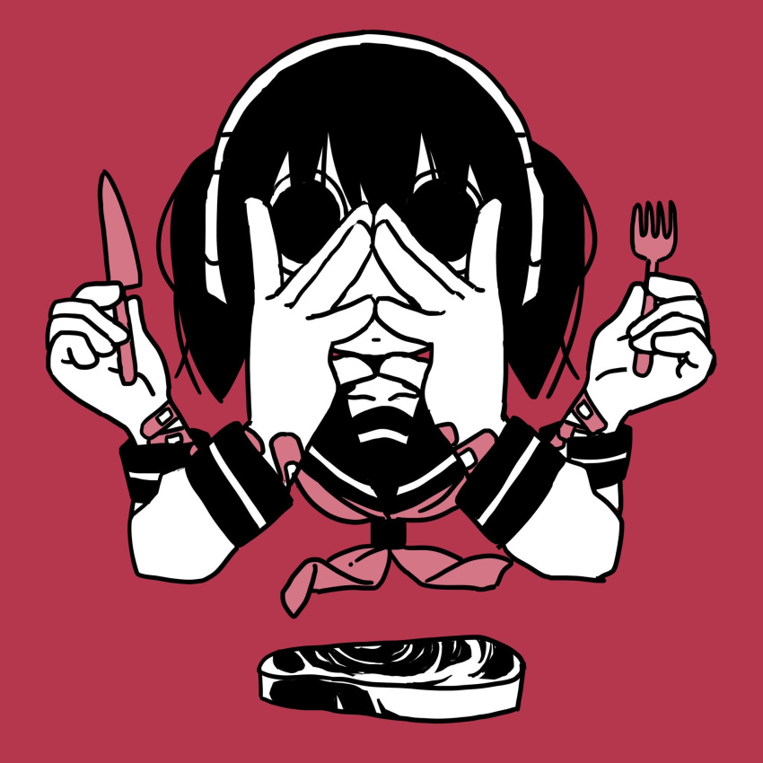 1girl bandaid bandaid_on_arm black_hair closed_mouth commentary_request cropped_shoulders empty_eyes explosion_psycho extra_arms food fork haguruma_hasami hands_on_own_face hands_up headphones highres holding holding_fork holding_knife index_finger_raised knife limited_palette long_sleeves looking_at_viewer neckerchief no_pupils original own_hands_together pink_neckerchief red_background sailor_collar solo staring steak steepled_fingers straight-on too_many_bandaids twintails wide-eyed