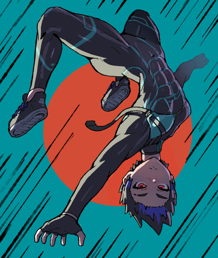 1girl abs absurdres acrobatics backlighting bodysuit commission expressionless fingerless_gloves gloves green_background highres multicolored_hair navel original red_circle red_eyes short_hair skin_tight solo speed_lines tomboy two-tone_hair upside-down wersman