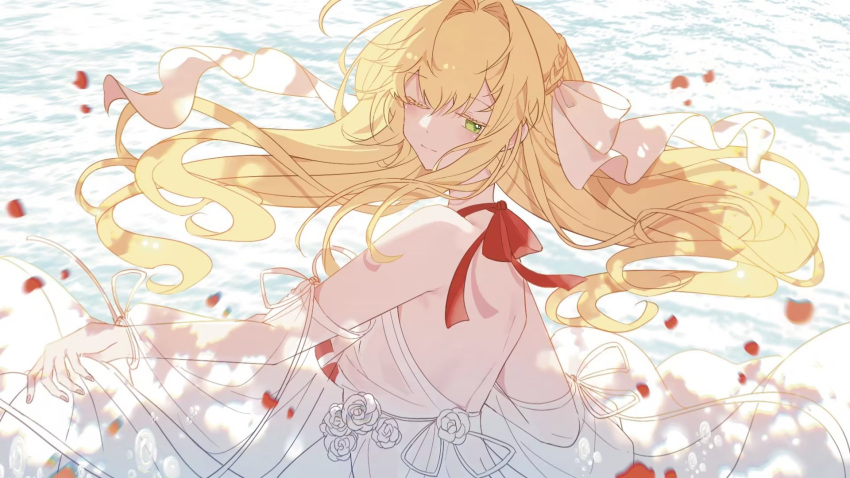 1girl bare_shoulders bikini bikini_under_clothes blonde_hair blush bow closed_mouth detached_sleeves dot_nose dress falling_petals fate/grand_order fate_(series) floating_hair from_behind green_eyes hair_between_eyes hair_bow hair_intakes highres long_sleeves looking_at_viewer looking_back neck_ribbon nero_claudius_(fate) nero_claudius_(swimsuit_caster)_(fate) ocean one_eye_closed petals red_bikini red_ribbon ribbon sidelocks sleeveless sleeveless_dress smile solo sunfish3939 swimsuit upper_body water white_bow white_dress white_sleeves