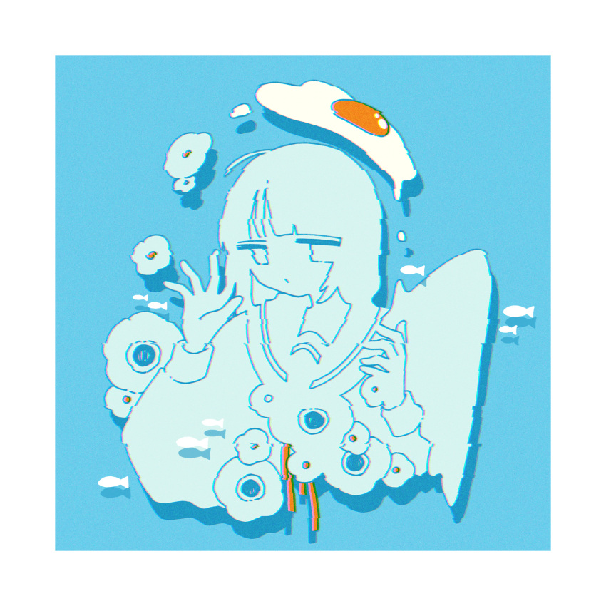 1girl absurdres air_bubble anemone_(flower) blue_background blunt_bangs border bubble closed_mouth dot_mouth fish flower fried_egg hands_up highres jitome limited_palette long_sleeves looking_at_viewer neckerchief open_hand orange_neckerchief original sailor_collar school_uniform serafuku short_hair sidelocks simple_background solo sskitaco white_border white_flower