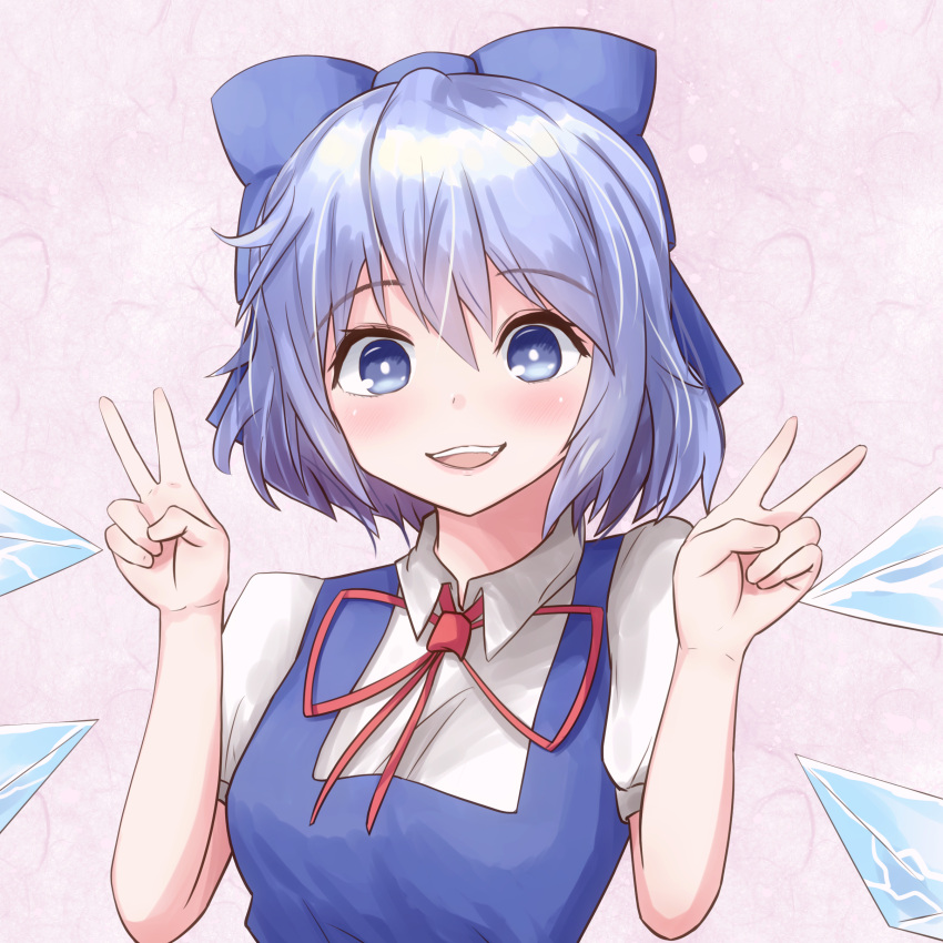 1girl absurdres blue_bow blue_dress blue_eyes blue_hair bow breasts cirno collared_shirt detached_wings double_v dress hair_between_eyes hair_bow highres ice ice_wings looking_at_viewer neck_ribbon open_mouth pinafore_dress pink_background puffy_short_sleeves puffy_sleeves red_ribbon ribbon rretailingg_(12044503) shirt short_sleeves simple_background sleeveless sleeveless_dress small_breasts smile solo teeth touhou upper_body upper_teeth_only v white_shirt wings