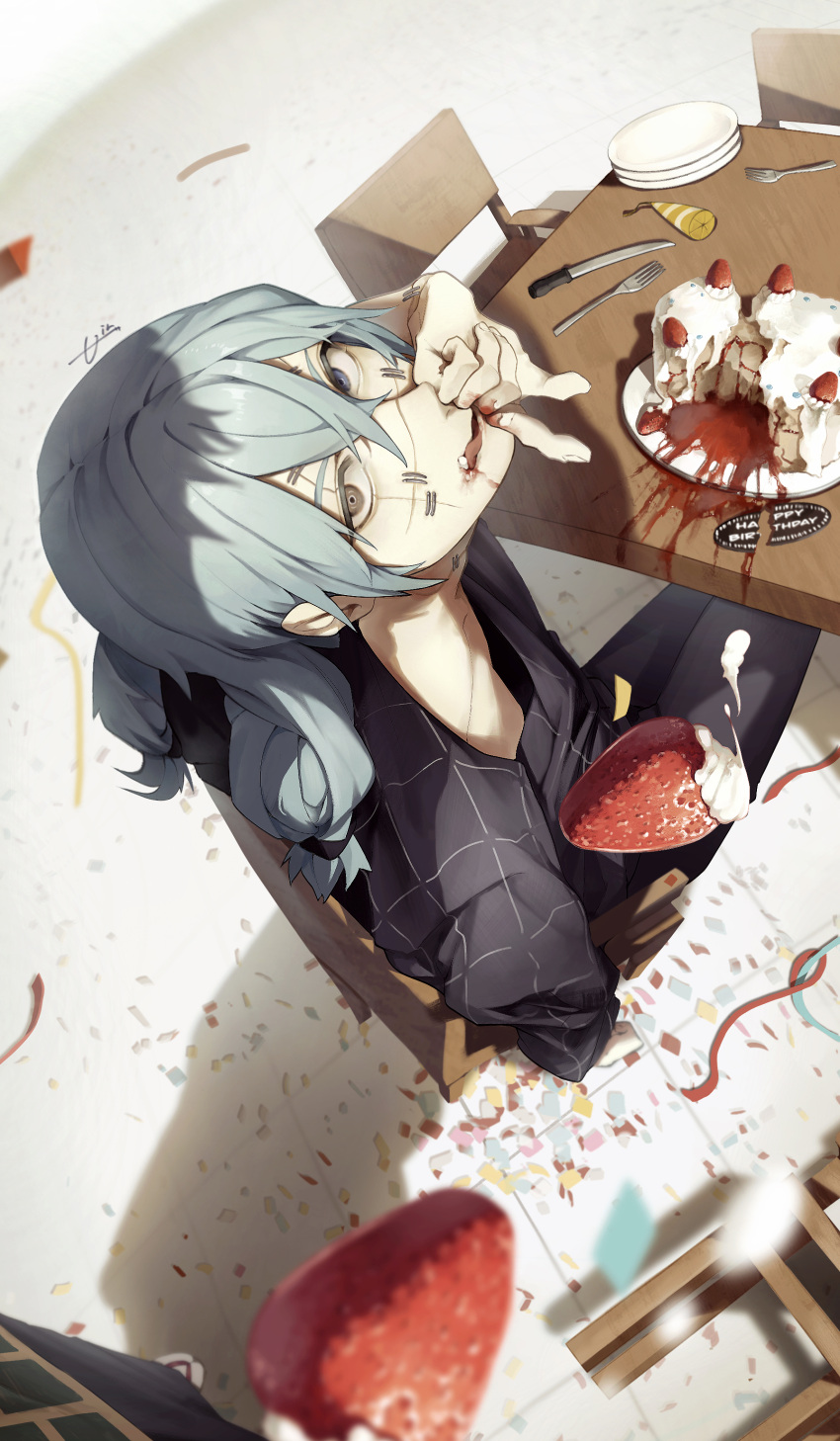 2boys absurdres air_(ai_r_) black_pants black_shirt blue_eyes cake chair eating floor food fork fruit getou_suguru grey_eyes grey_hair hair_between_eyes happy_birthday heterochromia highres jujutsu_kaisen knife licking licking_finger long_hair looking_up mahito_(jujutsu_kaisen) male_focus multiple_boys on_chair open_mouth out_of_frame pants plate shadow shirt sitting solo_focus stitched_face stitched_neck stitches strawberry striped striped_shirt table