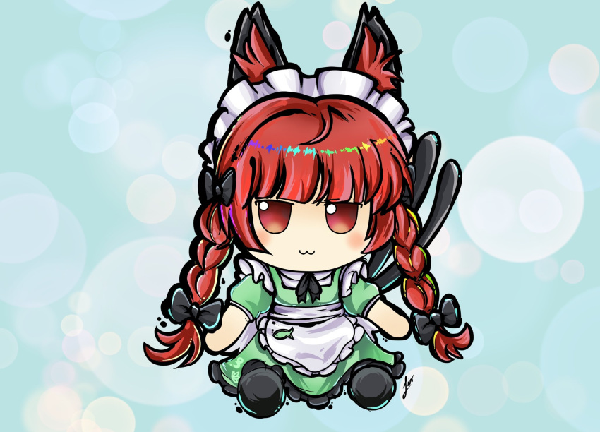 :3 animal_ears black_bow bow braid cat_ears cat_tail commentary dress english_commentary full_body fumo_(doll) green_dress hair_bow highres kaenbyou_rin kaenbyou_rin_(palace_of_the_earth_spirits'_pawsome_helper) lis_(lislisette) long_hair maid maid_headdress multiple_tails nekomata red_eyes redhead side_braids tail touhou touhou_lost_word twin_braids two_tails