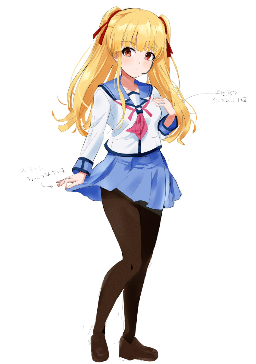 1girl absurdres angel_beats! arm_at_side black_pantyhose blonde_hair blue_sailor_collar blue_skirt blunt_bangs blush brown_footwear closed_mouth commentary_request earpiece expressionless full_body hand_up highres knees_together_feet_apart legs loafers long_hair long_sleeves looking_to_the_side miniskirt neckerchief orange_eyes pantyhose pink_neckerchief pleated_skirt sailor_collar school_uniform serafuku shinda_sekai_sensen_uniform shirt shoes sidelocks simple_background skirt solo standing thighband_pantyhose thighs translation_request twintails white_background white_shirt yusa_(angel_beats!) zenoo
