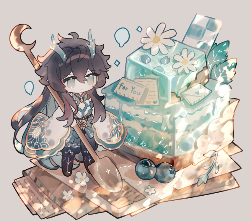 1boy black_hair cake chibi chinese_clothes dan_heng_(honkai:_star_rail) dan_heng_(imbibitor_lunae)_(honkai:_star_rail) dessert dragon_boy dragon_horns flower food green_eyes green_horns highres honkai:_star_rail honkai_(series) horns long_hair long_sleeves male_focus official_alternate_costume official_alternate_hairstyle pointy_ears red_eyeliner shuiyuan solo spoon