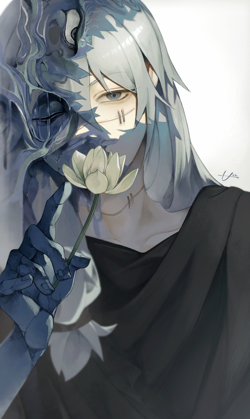 1boy air_(ai_r_) black_shirt blue_eyes fingernails flower gradient_background grey_background grey_hair hair_between_eyes highres holding holding_flower jujutsu_kaisen long_hair looking_at_viewer mahito_(jujutsu_kaisen) male_focus one_eye_closed shirt simple_background solo stitched_face stitched_neck stitches third_eye upper_body white_flower