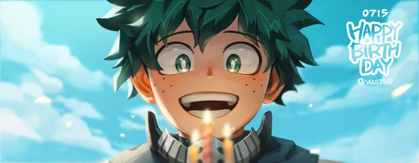 1boy birthday blue_sky blurry blurry_foreground boku_no_hero_academia candle clouds day fire flame freckles green_eyes green_hair green_jumpsuit happy_birthday highres jumpsuit light_blush male_focus midoriya_izuku open_mouth outdoors short_hair sky solo spiky_hair superhero upper_body yeol2510