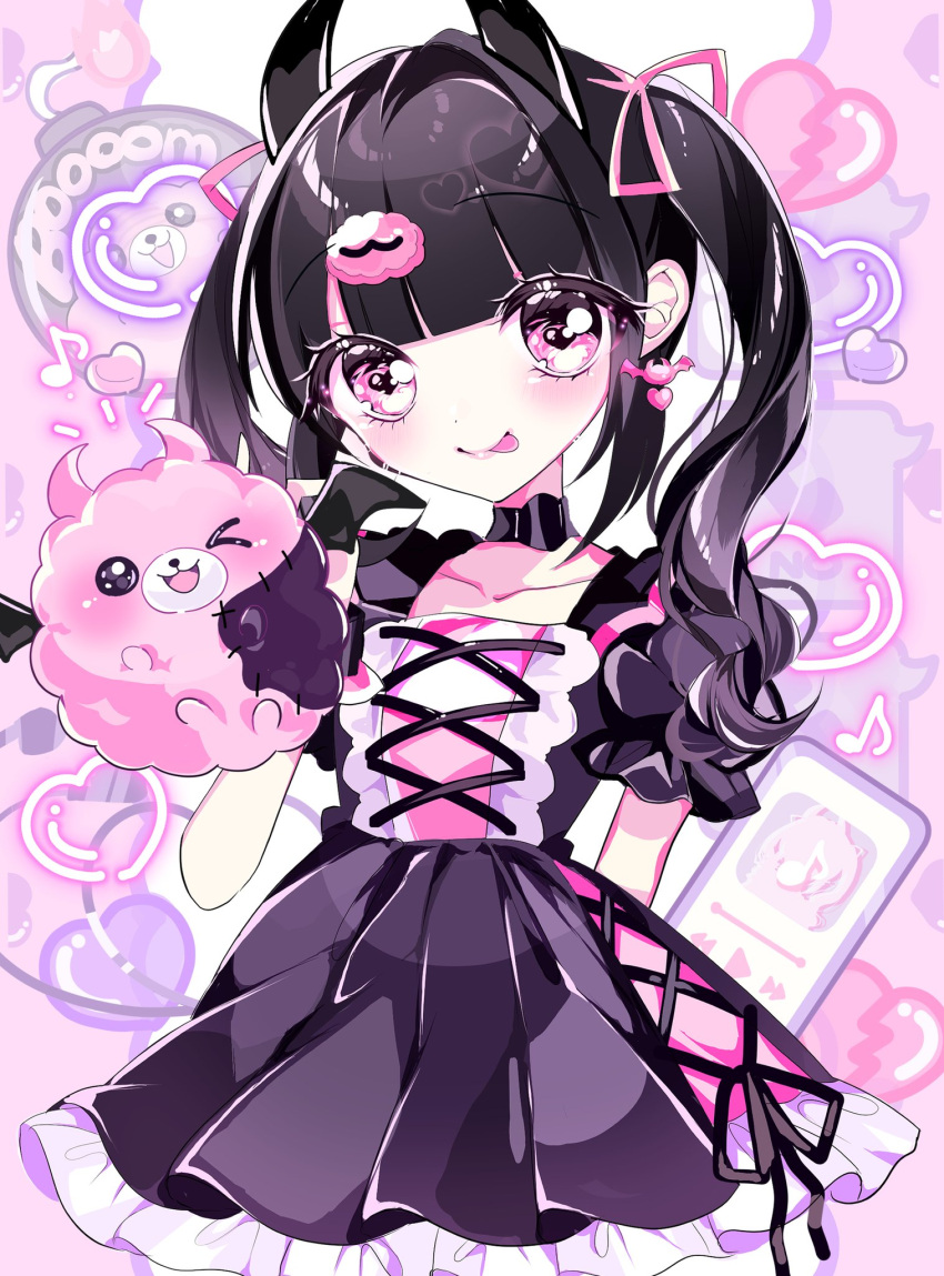 1girl black_choker black_dress black_hair black_horns black_wings blunt_bangs blush bomb choker commentary_request creature demon_horns demon_wings denonbu dress earrings explosive frilled_dress frills hair_ornament hair_ribbon heart heart_earrings highres hitsujida horns jewelry looking_at_viewer official_art one_eye_closed open_mouth pink_eyes pink_ribbon pomemori puffy_short_sleeves puffy_sleeves reml ribbon short_sleeves smile solo standing stuffed_animal stuffed_toy tongue tongue_out twintails wings