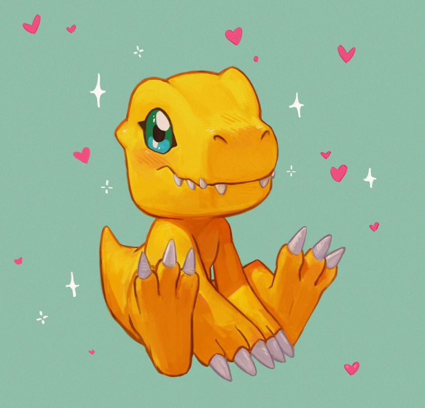 agumon agumon_(artist) blush claws closed_mouth colored_skin commentary digimon digimon_(creature) dragon english_commentary fangs full_body green_background green_eyes heart highres light_smile looking_at_viewer monster on_floor orange_skin simple_background sitting smile solo sparkle