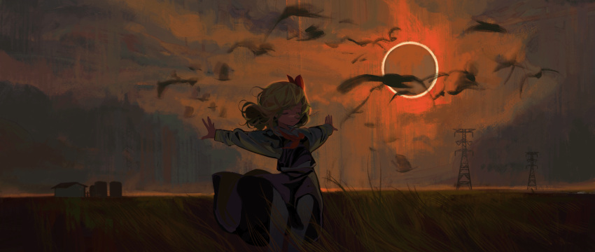 1girl absurdres bird black_skirt black_vest blonde_hair closed_eyes closed_mouth collared_shirt dark eclipse feet_out_of_frame field hair_ribbon highres long_sleeves outdoors outstretched_arms red_ribbon ribbon rumia shirt short_hair skirt sky solo spread_arms sun touhou transmission_tower vest white_shirt wind xinjinjumin