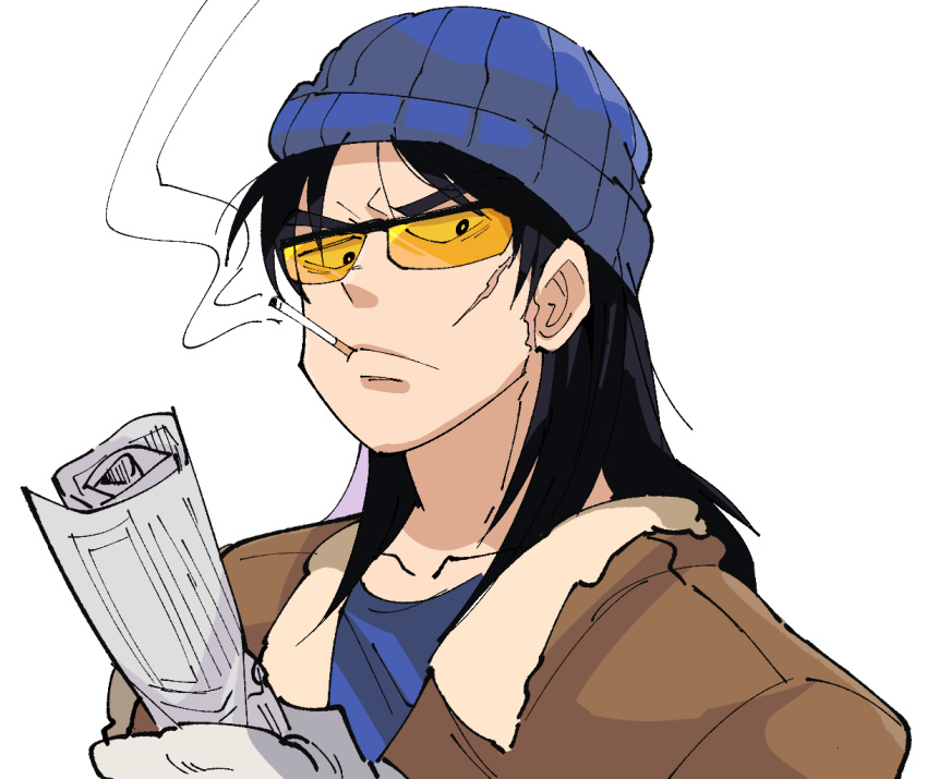 1boy beanie black_hair blue_headwear bomber_jacket brown_jacket cigarette closed_mouth commentary_request frown hat holding holding_newspaper inudori itou_kaiji jacket kaiji long_hair looking_at_viewer male_focus medium_bangs newspaper orange-tinted_eyewear rolled_up_newspaper scar scar_on_cheek scar_on_face simple_background smoke smoking solo sunglasses tinted_eyewear upper_body v-shaped_eyebrows white_background