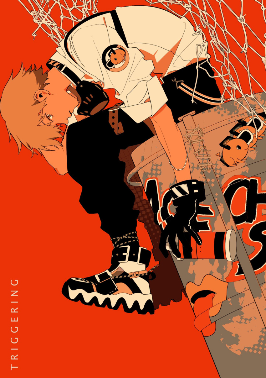 1boy black_gloves black_pants blonde_hair chainsaw chainsaw_man collared_shirt denji_(chainsaw_man) drum_(container) gloves highres leaning_forward looking_at_viewer mask mask_removed mouth_mask null024 orange_background orange_theme pants pochita_(chainsaw_man) shirt shirt_tucked_in short_hair sideways_glance simple_background sitting solo spray_can white_shirt