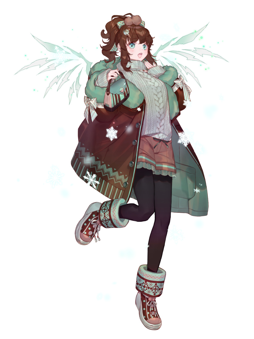 :d bag black_pantyhose blue_eyes boots bow brown_coat brown_hair chain_paradox coat food-themed_hair_ornament green_coat green_nails grey_sweater hair_bow hair_ornament hand_up handbag highres ice_cream_hair_ornament long_hair mitoma_mao pantyhose smile snowflakes sweater transparent_background