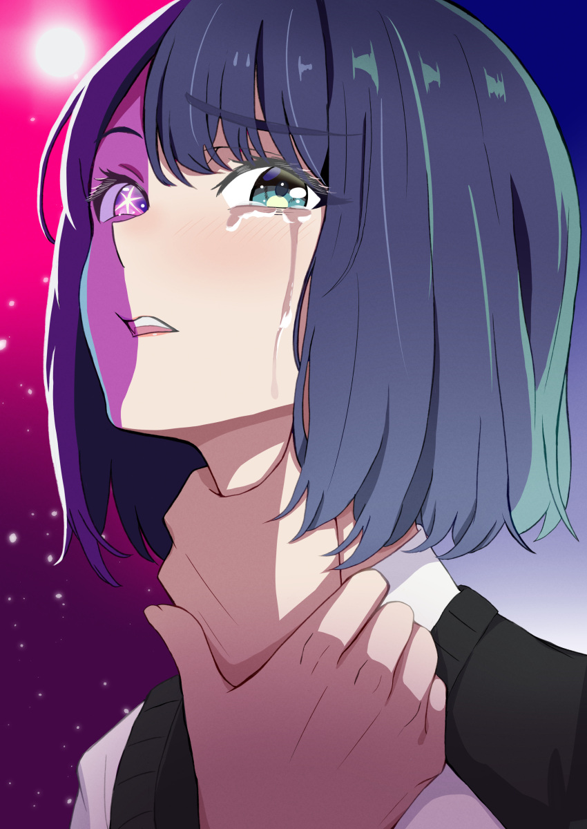1girl absurdres black_sweater_vest blue_eyes blue_hair blush collared_shirt commentary_request crying crying_with_eyes_open english_commentary gradient_hair hand_on_own_neck highres kinomiki kurokawa_akane light_blue_hair light_particles long_sleeves looking_at_viewer mixed-language_commentary multicolored_hair open_mouth oshi_no_ko purple_hair school_uniform shade shirt short_hair solo split_theme sweater_vest tears teeth two-tone_background upper_body upper_teeth_only violet_eyes white_shirt