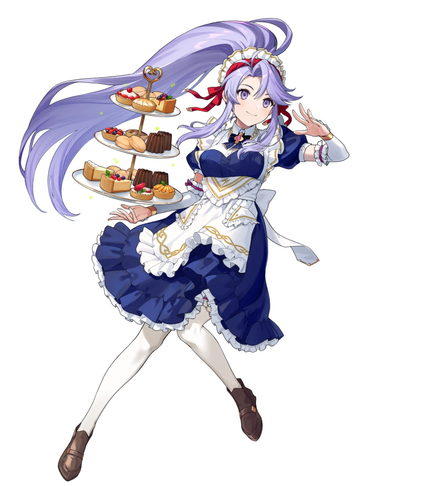 1girl cake cake_slice detached_collar dress fire_emblem fire_emblem:_genealogy_of_the_holy_war fire_emblem_heroes floating floating_object food frilled_dress frills fruit full_body highres leg_up long_dress long_hair macaron maid maid_headdress non-web_source official_art pastry ponytail puffy_short_sleeves puffy_sleeves purple_hair shoes short_sleeves sidelocks smile solo sparkle strawberry tailtiu_(fire_emblem) thigh-highs tiered_tray urata_asao violet_eyes