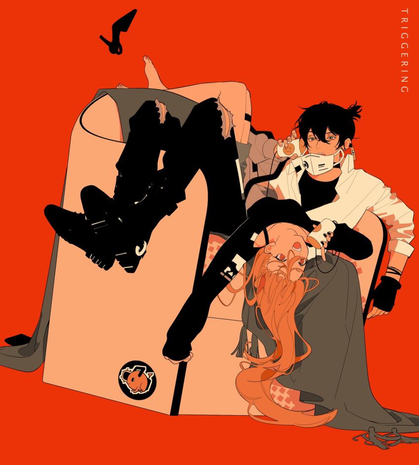1boy 1girl barefoot black_choker black_gloves black_sweater brown_hair chainsaw chainsaw_man chair choker cross-shaped_pupils fingerless_gloves gloves halftone hayakawa_aki highres horns jacket long_hair looking_to_the_side lying mask mask_removed mouth_mask null024 on_back open_mouth orange_background orange_eyes pants pochita_(chainsaw_man) power_(chainsaw_man) red_horns shoes shoes_removed short_hair simple_background string_phone sweater symbol-shaped_pupils teeth topknot torn_clothes torn_pants upper_teeth_only white_jacket white_mask