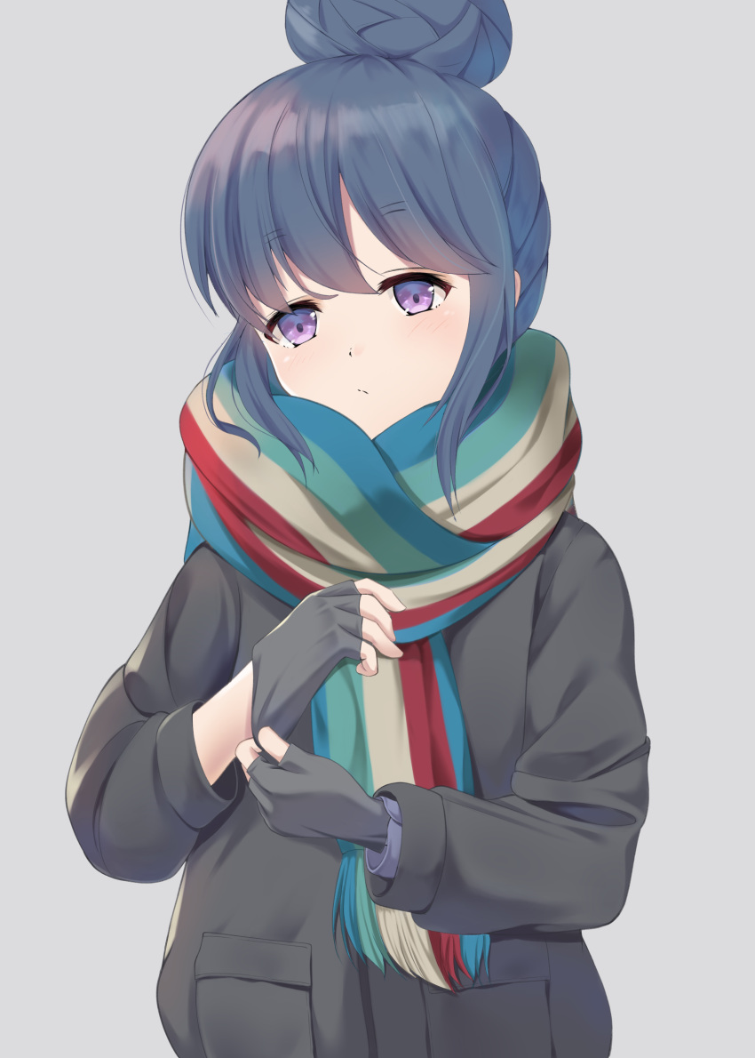 1girl absurdres adjusting_clothes adjusting_gloves black_gloves black_jacket blue_hair closed_mouth commentary_request file112056 fingerless_gloves gloves grey_background hair_bun highres jacket long_sleeves scarf shima_rin simple_background solo striped striped_scarf upper_body violet_eyes yurucamp