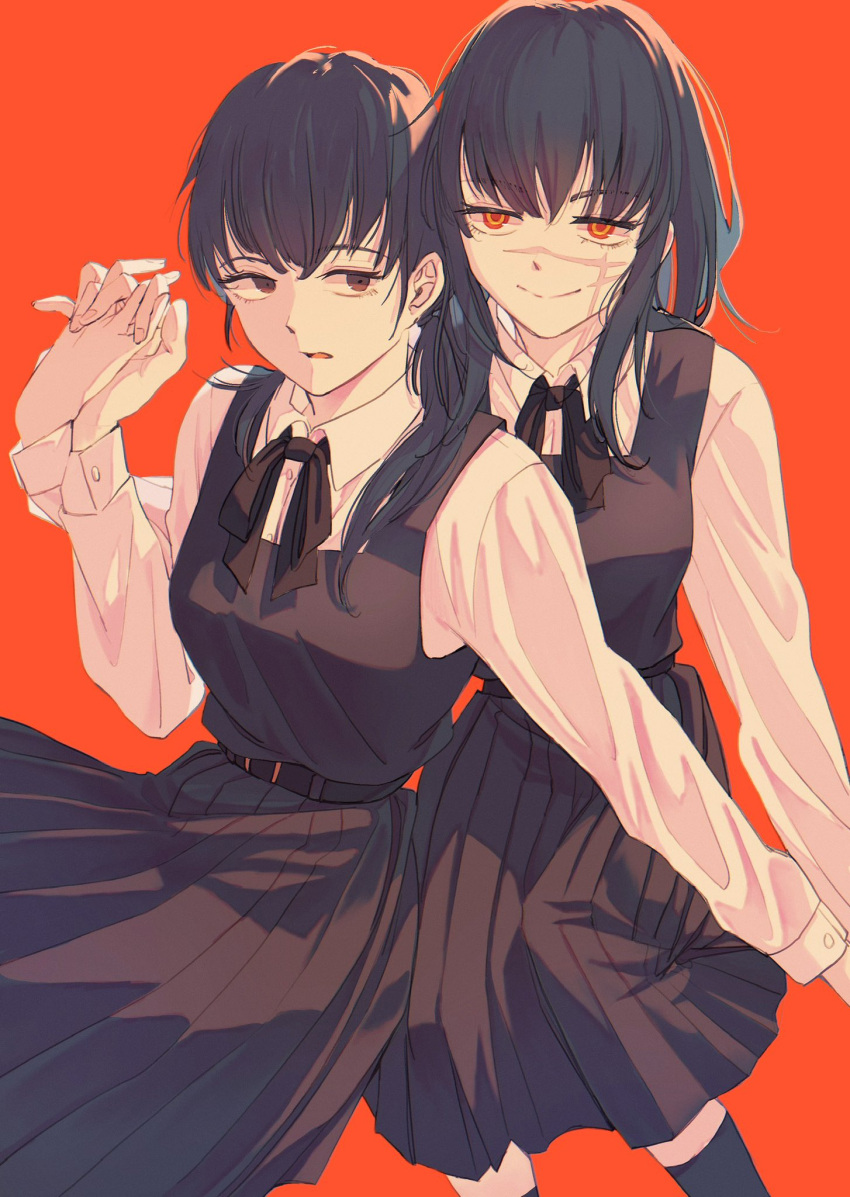2girls black_hair chainsaw_man cross_scar dress fourth_east_high_school_uniform highres holding_hands ice_morinaka long_hair looking_at_another looking_at_viewer low_twintails mitaka_asa multiple_girls open_mouth pinafore_dress red_background red_eyes ringed_eyes scar scar_on_cheek scar_on_face simple_background sleeveless sleeveless_dress smile twintails yoru_(chainsaw_man)