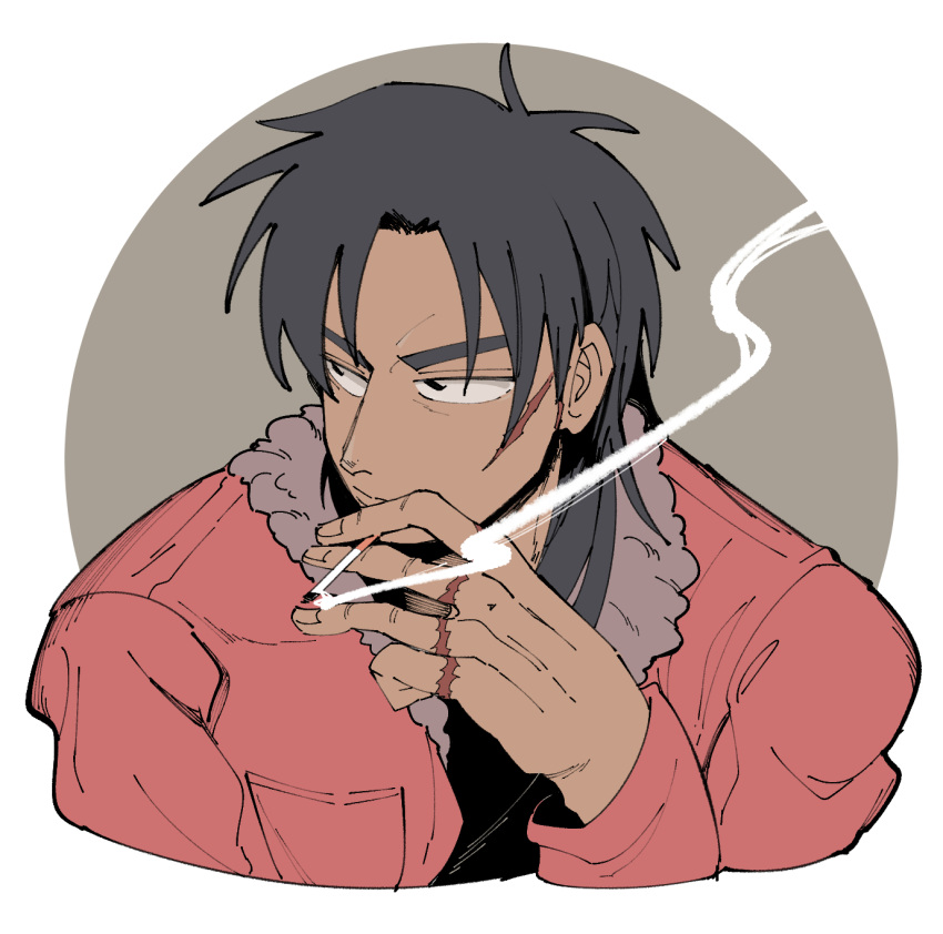 1boy black_eyes black_hair black_shirt bomber_jacket cigarette closed_mouth commentary_request expressionless fingernails grey_background highres holding holding_cigarette inudori itou_kaiji jacket kaiji long_hair looking_afar looking_to_the_side male_focus medium_bangs parted_bangs red_jacket scar scar_on_cheek scar_on_face scar_on_hand shirt simple_background smoke smoking solo two-tone_background upper_body white_background