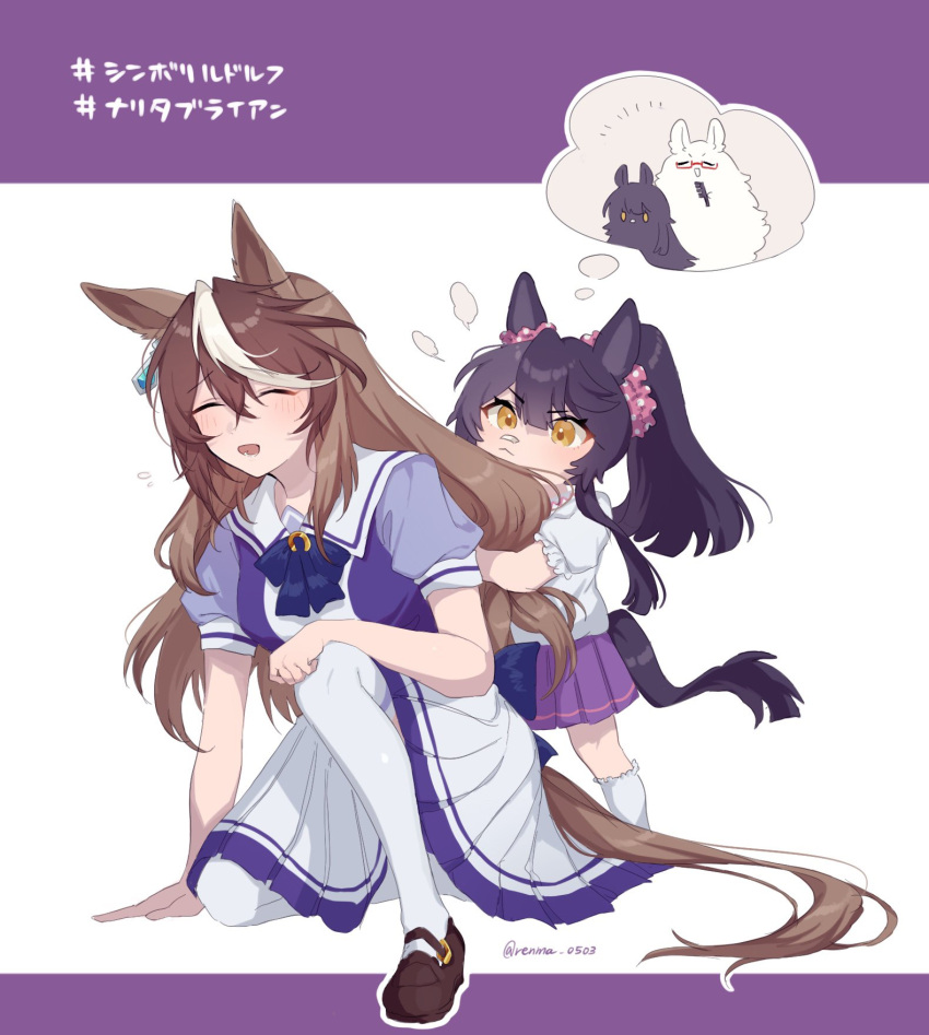3girls =3 aged_down animal_ears bandaid bandaid_on_face bandaid_on_nose biwa_hayahide_(umamusume) black_hair blush bow bowtie breasts brown_footwear brown_hair closed_eyes closed_mouth female_child highres holding_hands horse_ears horse_girl horse_tail multicolored_hair multiple_girls narita_brian_(umamusume) on_one_knee open_mouth ponytail puffy_short_sleeves puffy_sleeves purple_shirt purple_skirt renma_(renma_0503) sailor_collar school_uniform shirt shoes short_sleeves skirt small_breasts socks standing streaked_hair summer_uniform symboli_rudolf_(umamusume) tail thigh-highs thought_bubble tracen_school_uniform twitter_username umamusume white_shirt white_skirt white_socks white_thighhighs yellow_eyes