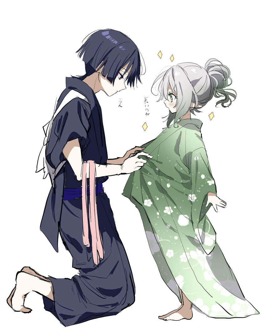 1boy 1girl adjusting_another's_clothes black_hair child dressing dressing_another female_child genshin_impact gradient_hair green_eyes green_hair grey_hair hair_between_eyes highres hirarinoie japanese_clothes kimono multicolored_hair nahida_(genshin_impact) pointy_ears scaramouche_(genshin_impact) simple_background wanderer_(genshin_impact) white_background white_hair