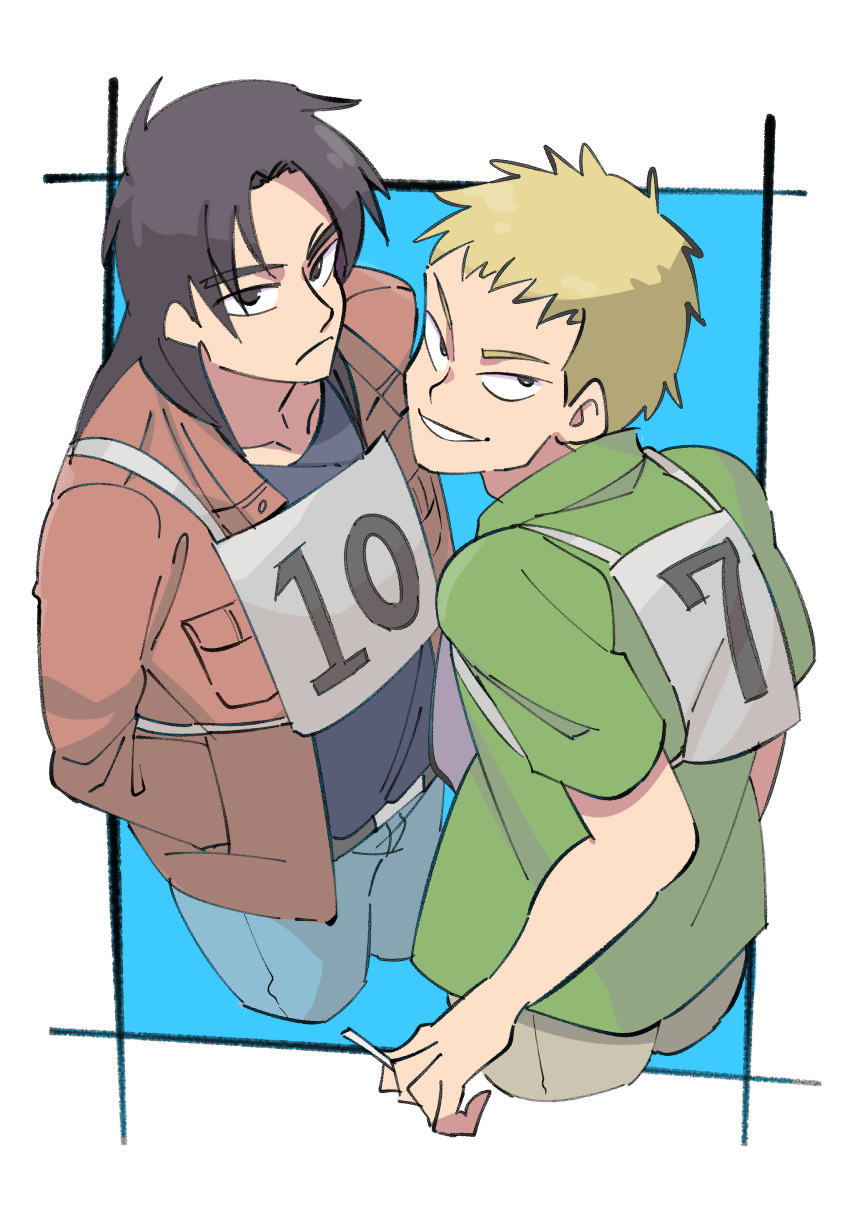 2boys absurdres black_eyes black_hair black_shirt blonde_hair blue_background blue_pants border brown_jacket cigarette closed_mouth commentary_request cowboy_shot green_shirt grin highres holding holding_cigarette inudori itou_kaiji jacket kaiji long_hair looking_at_viewer male_focus medium_bangs multiple_boys open_clothes open_shirt outside_border pants parted_bangs race_bib sahara_makoto shirt short_bangs short_hair short_sleeves smile very_short_hair white_border
