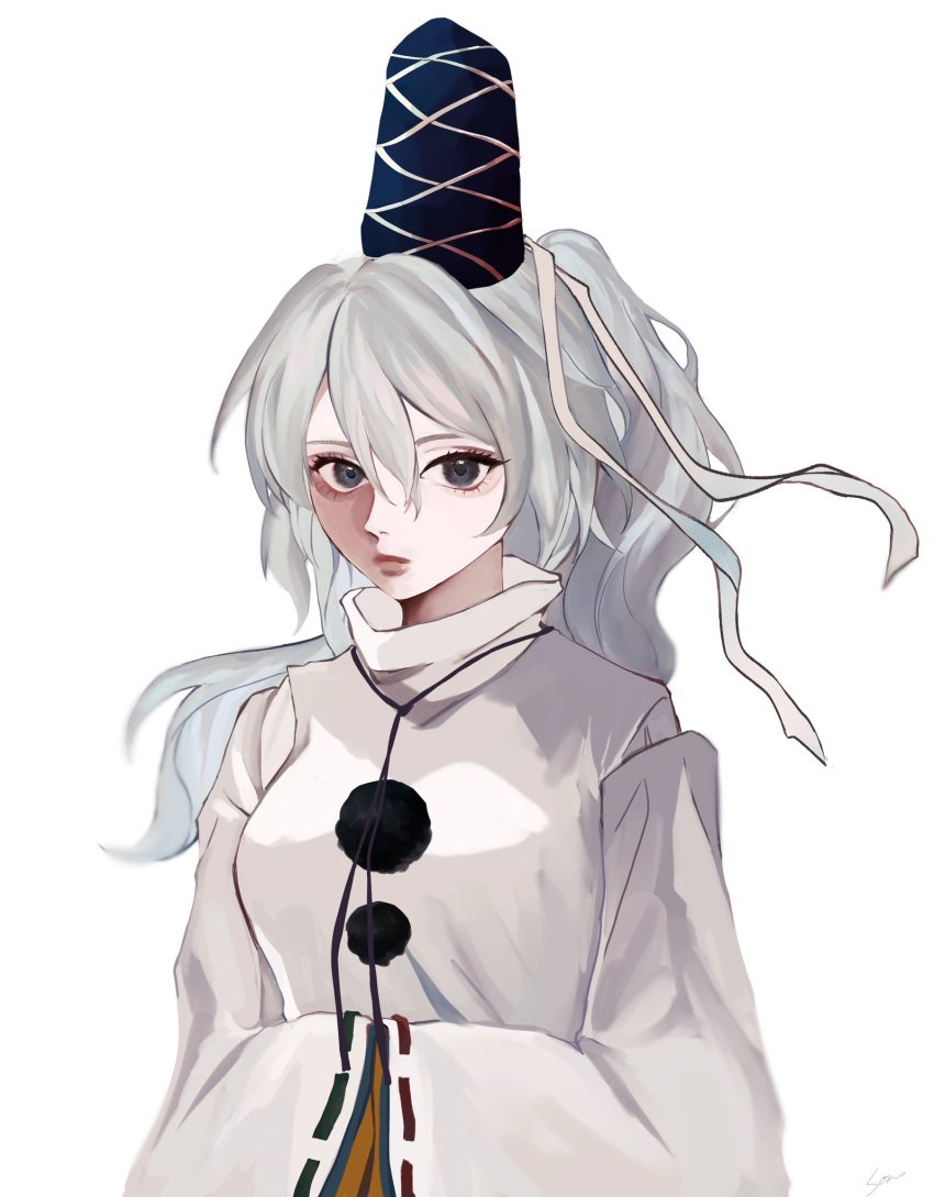 1girl black_ribbon blue_headwear breasts closed_mouth commentary expressionless grey_eyes grey_hair hands_in_opposite_sleeves hat highres hookiirn japanese_clothes kariginu lips long_bangs long_hair long_sleeves looking_at_viewer medium_breasts mononobe_no_futo neck_ribbon pom_pom_(clothes) ponytail ribbon ribbon-trimmed_sleeves ribbon_trim simple_background sleeves_past_fingers sleeves_past_wrists solo tate_eboshi touhou upper_body white_background wide_sleeves