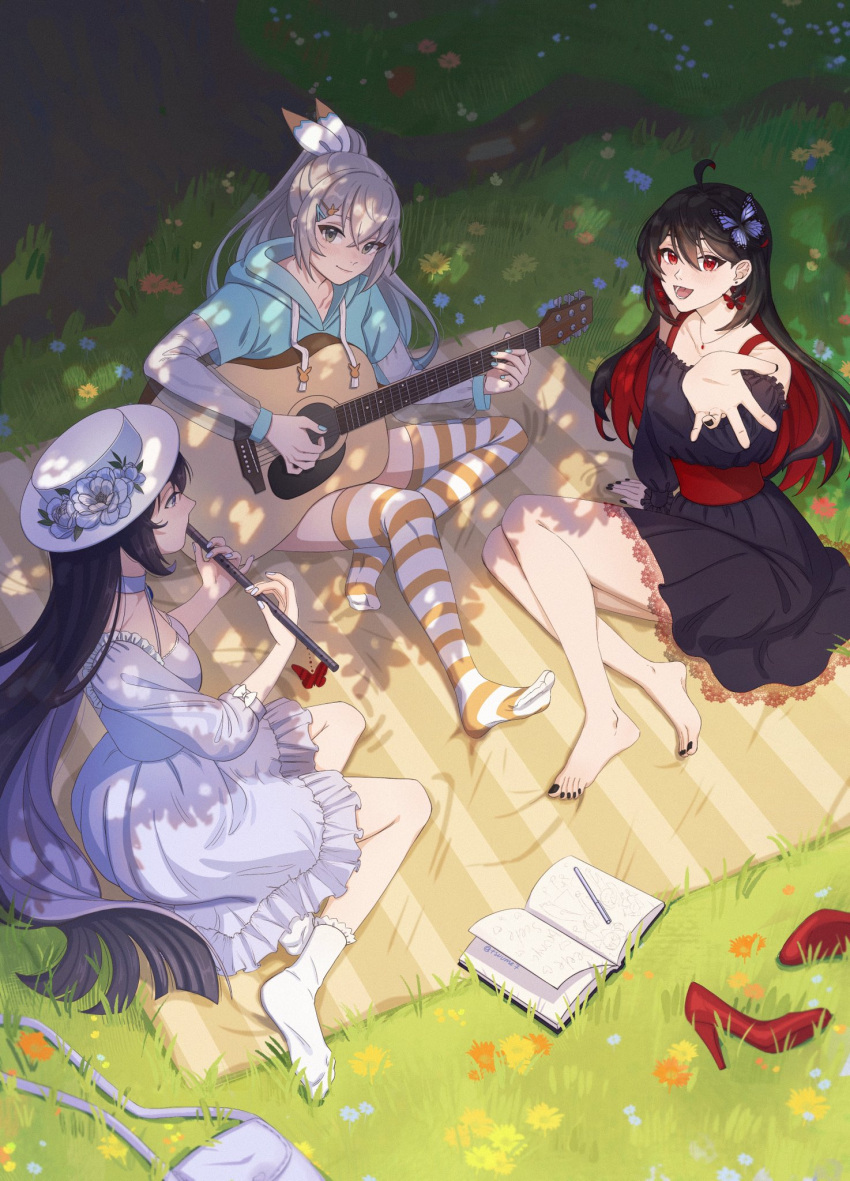 3girls ahoge alternate_costume arm_support bare_legs barefoot black_dress black_nails book bronya_zaychik butterfly_hair_ornament colored_inner_hair dress english_commentary grass grey_hair hair_ornament hat high_ponytail highres holding holding_instrument honkai_(series) honkai_impact_3rd instrument jewelry long_hair long_sleeves looking_at_another looking_at_viewer multicolored_hair multiple_girls music nail_polish necklace open_mouth outdoors picnic playing_instrument ponytail red_eyes redhead seele_(alter_ego) seele_vollerei seele_vollerei_(herrscher_of_rebirth) seele_vollerei_(starchasm_nyx) smile socks toenail_polish toenails tree tsuume white_dress white_headwear white_socks