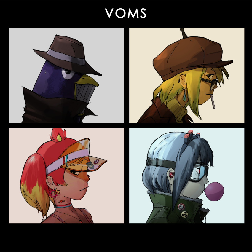 1boy 3girls album_cover_redraw amano_pikamee bird black_hairband blonde_hair brown_headwear bubble_blowing chewing_gum cigarette closed_mouth commentary_request demon_days_(gorillaz) derivative_work earphones earphones earrings fedora glasses goggles gorillaz grin gyari_(bird) hairband hat heart heart_tattoo highres hikasa_tomoshika jewelry jitomi_monoe looking_at_viewer looking_to_the_side magnet medium_hair multicolored_hair multiple_girls open_mouth otobeya penguin profile radiation_symbol red_eyes redhead short_hair smile tattoo twintails two-tone_hair upper_body virtual_youtuber visor_cap voms