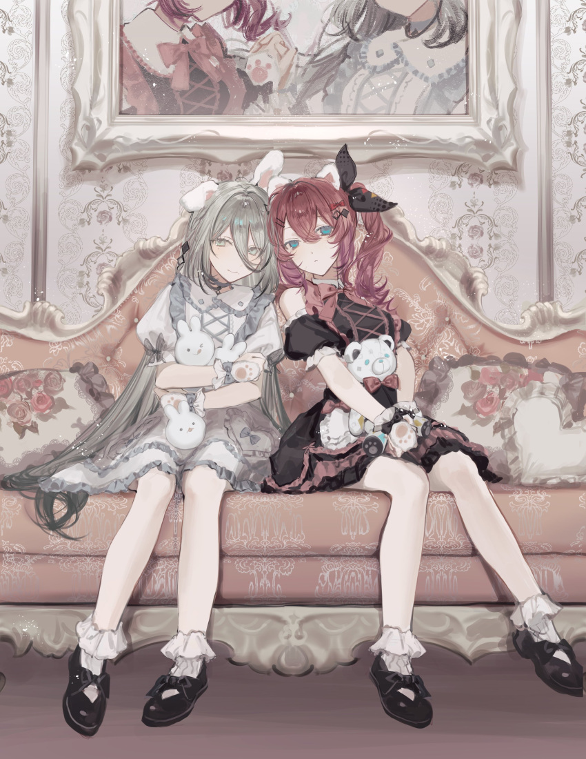2girls absurdres animal_ears aqua_eyes black_bow black_dress black_footwear black_ribbon bow commentary couch cross-laced_clothes crossed_bangs detached_sleeves dress expressionless fake_animal_ears frilled_dress frilled_socks frills grey_eyes grey_hair hair_between_eyes hair_bow hair_ornament hair_ribbon hairclip highres juliet_sleeves kuramochi_meruto long_hair long_sleeves looking_at_viewer mary_janes mole mole_under_eye multiple_girls nijisanji object_hug on_couch picture_frame pillow pink_bow puffy_sleeves rabbit_ears red_bow redhead ribbon scrunchie senri_(rnd_024) shoes short_sleeves side_ponytail sidelocks sitting smile socks sophia_valentine stuffed_animal stuffed_rabbit stuffed_toy swept_bangs symbol-only_commentary teddy_bear very_long_hair virtual_youtuber wallpaper_(object) white_dress white_scrunchie white_socks