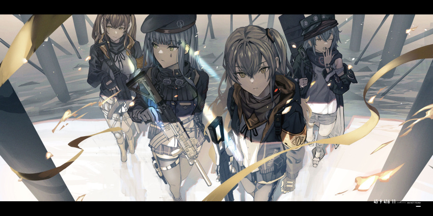 404_(girls'_frontline) 4girls absurdres assault_rifle beret black_gloves black_jacket black_shorts black_skirt black_thighhighs blue_hair brown_hair foreshortening from_above fujita_(condor) g11_(girls'_frontline) girls_frontline gloves green_eyes grey_hair gun h&amp;k_hk416 h&amp;k_ump hat highres hk416_(girls'_frontline) holding holding_gun holding_weapon jacket light_blue_hair long_hair long_sleeves looking_at_viewer looking_to_the_side multiple_girls one_eye_closed one_side_up open_clothes open_jacket open_mouth pleated_skirt rifle scar scar_across_eye shirt shorts skirt submachine_gun tactical_clothes thigh-highs twintails ump45_(girls'_frontline) ump9_(girls'_frontline) weapon white_shirt yawning yellow_eyes