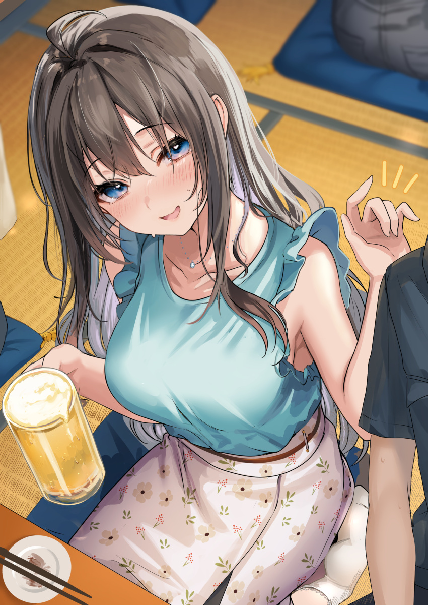 1girl absurdres ahoge beer_mug blue_eyes blue_shirt blurry blurry_background blush breasts chopsticks collarbone commentary_request cup depth_of_field drunk frilled_shirt frills grey_hair hair_between_eyes heart heart-shaped_pupils highres holding holding_cup indoors jewelry large_breasts long_hair looking_at_viewer mug necklace no_shoes open_mouth original people seiza shirt sidelocks sitting skirt sleeveless sleeveless_shirt smile socks solo_focus sweatdrop symbol-shaped_pupils tatami white_skirt white_socks yufou