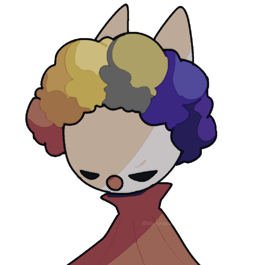1girl alicezakat annoyed arthropod_girl black_eyes blank_eyes clown_nose commentary english_commentary half-closed_eyes highres hollow_knight hornet_(hollow_knight) multicolored_hair rainbow_hair simple_background solo upper_body white_background