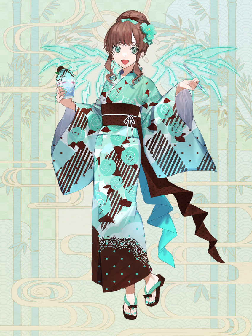 1girl :d ame_tyaya aqua_bow aqua_eyes aqua_kimono aqua_nails bow brown_hair chain_paradox energy_wings flower food full_body hair_flower hair_ornament hair_up highres holding holding_food holding_spoon japanese_clothes kimono looking_at_viewer mitoma_mao obi sandals sash shaved_ice sidelocks smile spoon standing wide_sleeves wings