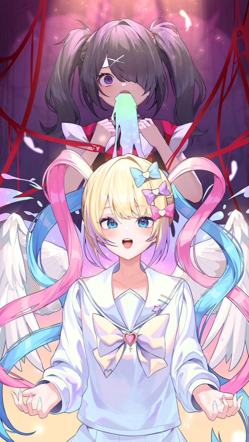 2girls absurdres ame-chan_(needy_girl_overdose) angel_wings black_hair blonde_hair blue_bow blue_eyes blue_hair blue_nails bow chouzetsusaikawa_tenshi-chan feathered_wings hair_bow hair_ornament hair_over_one_eye hair_tie hairclip highres holographic_clothing kakao346 long_sleeves looking_at_viewer multicolored_hair multicolored_nails multiple_girls multiple_hair_bows needy_girl_overdose open_mouth pink_bow pink_hair pink_nails purple_bow quad_tails sailor_collar school_uniform serafuku sidelocks teeth twintails upper_body upper_teeth_only violet_eyes vomiting wings x_hair_ornament yellow_nails