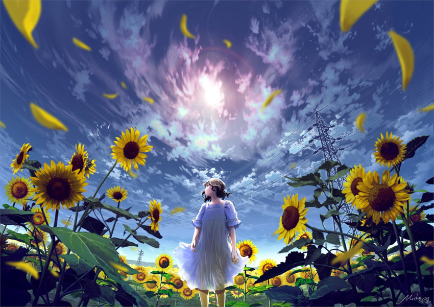 1girl black_hair blurry clouds commentary day depth_of_field dress falling_petals feet_out_of_frame field flower flower_field from_below mocha_(cotton) original outdoors parted_lips petals power_lines scenery short_hair short_sleeves signature sky solo standing sun sunflower sunflower_field transmission_tower white_dress wide_shot