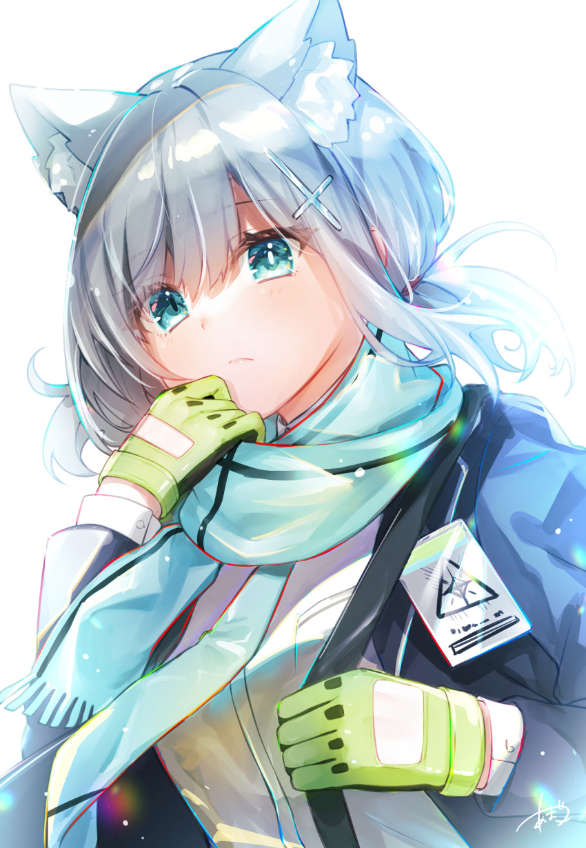1girl amatsuji animal_ear_fluff animal_ears aqua_eyes aqua_scarf black_jacket blue_archive blush closed_mouth commentary cross_hair_ornament dress_shirt expressionless eyelashes eyes_visible_through_hair gloves green_gloves grey_hair hair_between_eyes hair_ornament hand_up highres jacket long_sleeves looking_afar low_twintails medium_hair open_clothes open_jacket scarf shiroko_(blue_archive) shirt short_twintails signature simple_background solo twintails upper_body white_background white_shirt wolf_ears wolf_girl