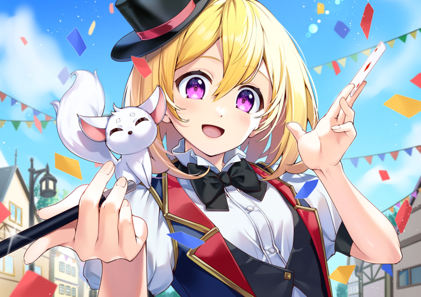 1girl black_bow black_bowtie blonde_hair bon_(bonbon315) bow bowtie card hat holding holding_card looking_at_viewer magician medium_hair original playing_card smile solo suit top_hat upper_body violet_eyes wand