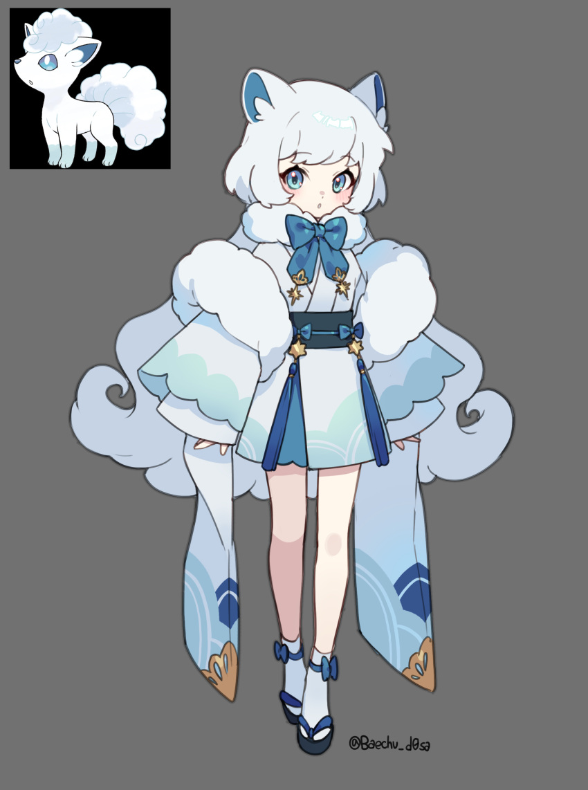 1girl absurdres alolan_vulpix animal_ear_fluff animal_ears ankle_socks blue_bow blue_bowtie blue_eyes blush bow bowtie costume dress full_body fur_collar grey_background highres japanese_clothes kimono long_hair long_sleeves looking_at_viewer mongguri monster_girl okobo parted_lips personification pokemon pokemon_(creature) pokemon_(game) reference_inset simple_background sleeves_past_wrists socks solo_focus standing tassel twitter_username very_long_hair white_hair white_kimono white_socks
